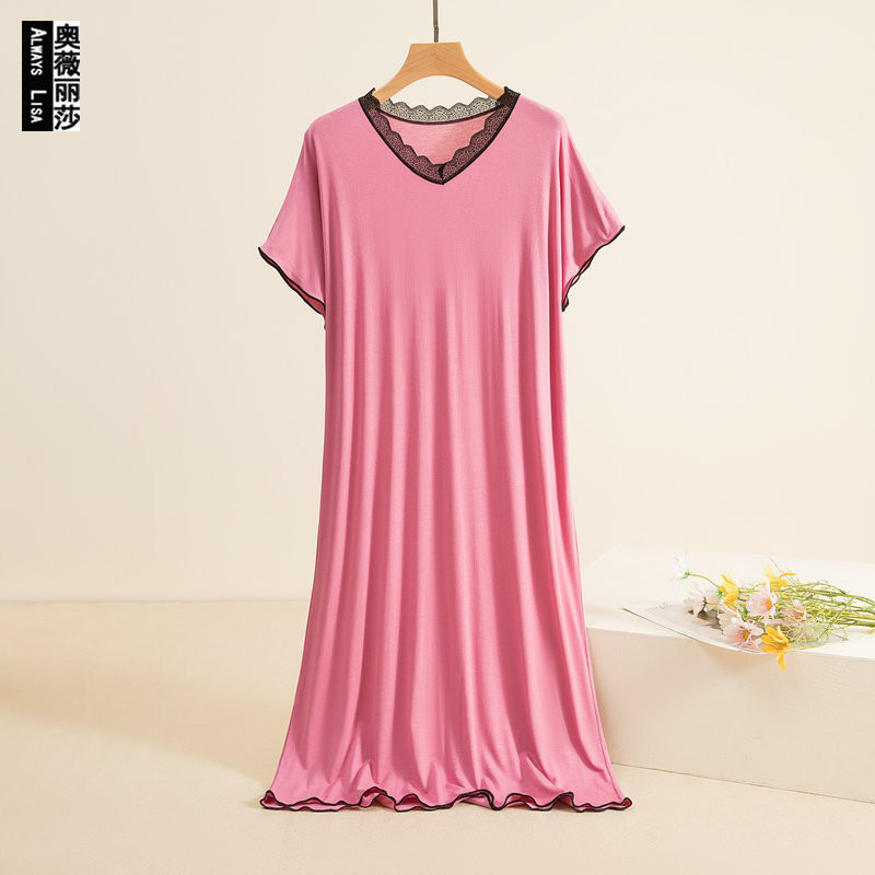 dress Women's Summer Modal V-neck Slimming Mid-length Base Nightdress plus size Loose Thin Lace Long Dress