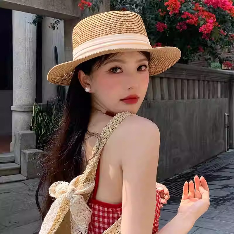 French Elegant Flat-Top Straw Hat for Women Summer Seaside Vacation Photo Hat Large Brim Beach Sun Protection Hat