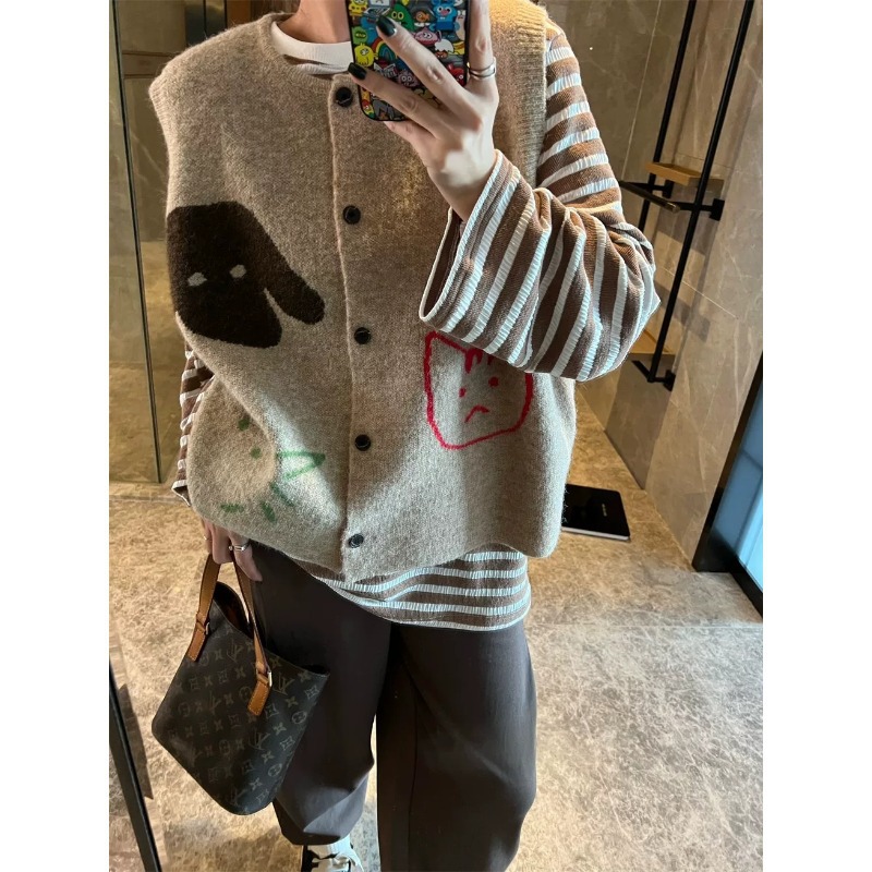 Wide-Color Cat Print Sweater Cardigan Jacket 2026 Spring New Women's Knitwear Loose Short Top Autumn Winter