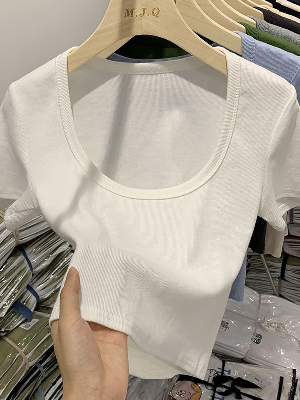 Pure Desire Sweet Cool Hot Girl U-Neck Short Sleeve T-Shirt for Women 2026 Summer New Style Navel-Baring Design Slim Fit Versatile Top Trendy