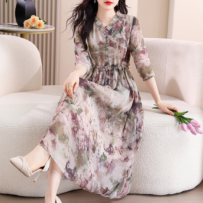 Hangzhou Heavy Silk dress Women's 2025 Summer New Waist Slimming Belly Covering Fashionable Elegant A- line Skirt