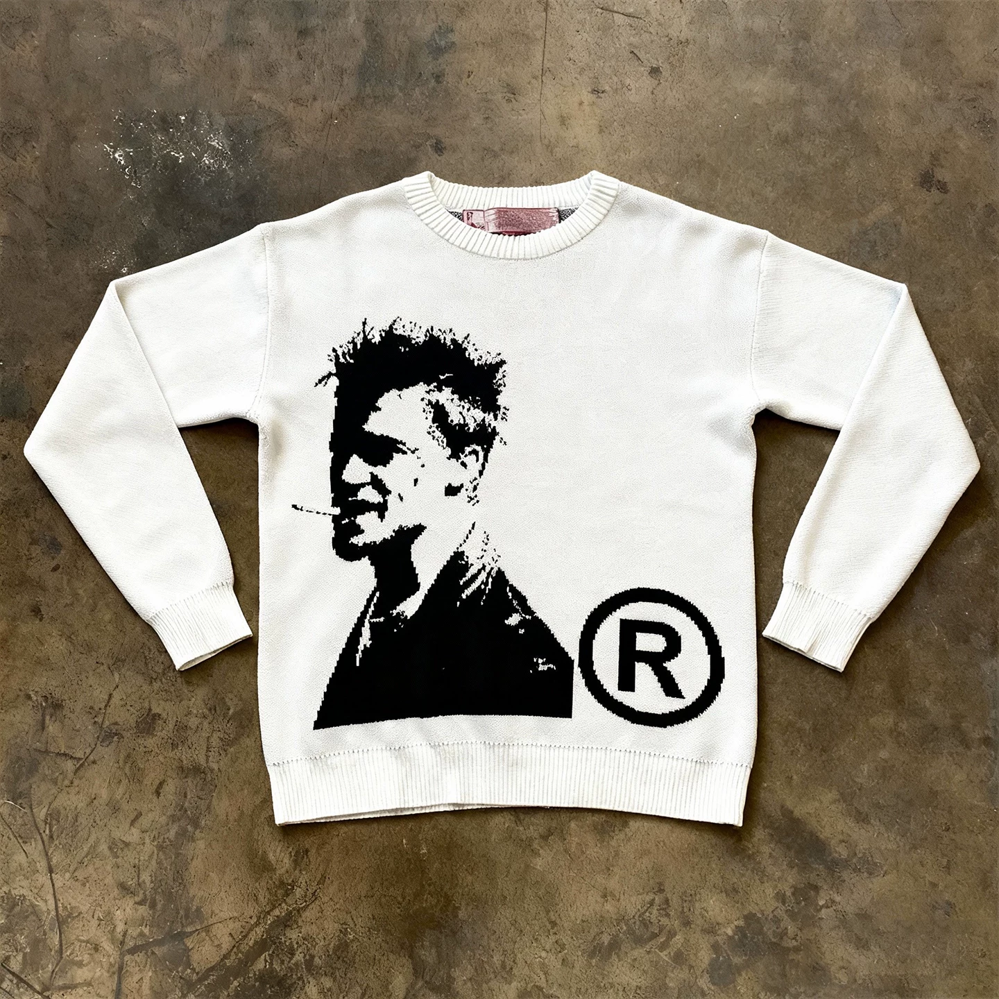 Y2k hoodie~Rock print round neck pullover knitted sweater unisex loose long sleeved white top