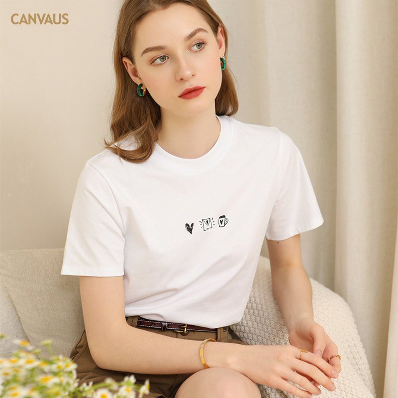 CANVAUS Summer New Printed Short Sleeve T-shirt Women Slim Round Neck Cotton White Cartoon Inner Top Wholesale