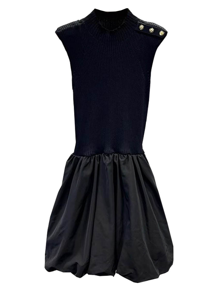 French-Style m Brand 2025 Early Autumn New Sleeveless Knit Flower Bud Dress with Half-High Collar, Waist-Cinching, Simple and Elegant Little Black Dress