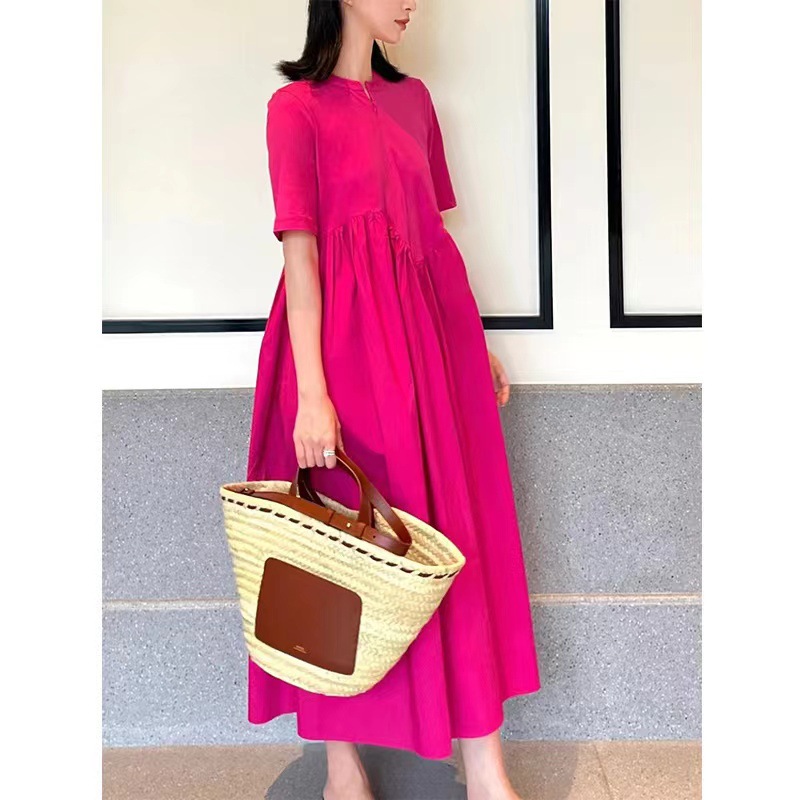 Cotton Mid-Length Skirt for Women, Round Neck, Solid Color, Short Sleeves, Loose Fit, Pleated Dress, Holiday Style, Workwear Mid-Length Style