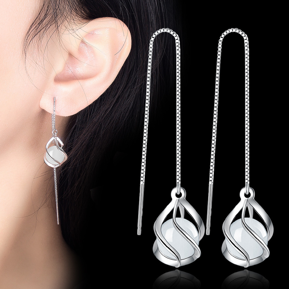 Shake Voice Fast Hand Foreign Trade Cross-border South Korea Dongdaemun Temperament Cat's Eye Stone Ear Line Medium and Long Tassel Super Fairy Earrings Women