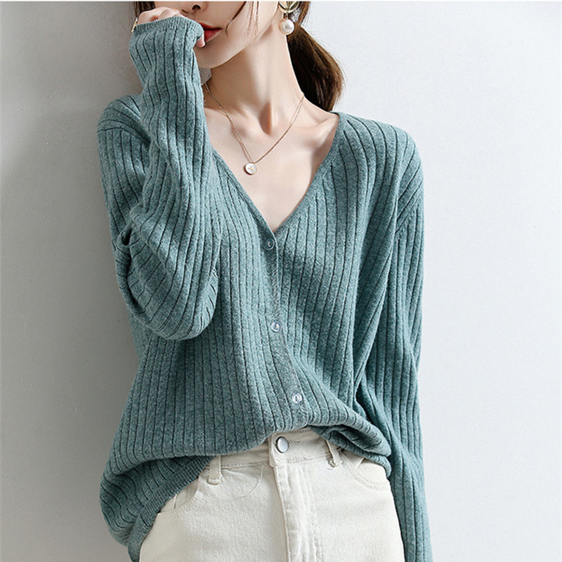 Women's Cardigan Coat New Spring and Autumn V-neck Draw Thin Long-sleeved Knit Short Loose Outer Sweater