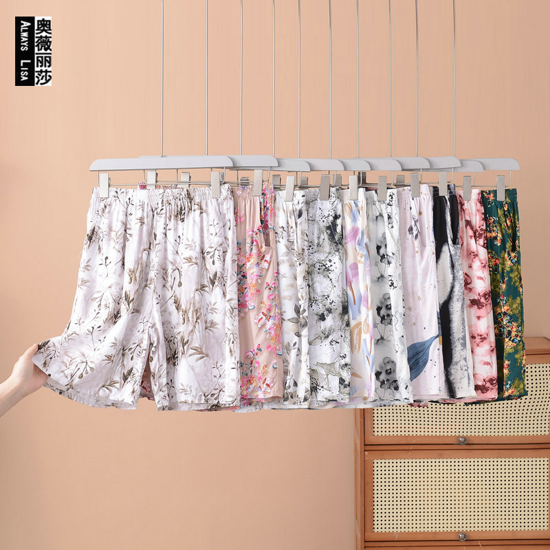 Women's Loose Cotton Silk Floral Shorts Pants Casual Thin Dape Slim-fit Printed Beach Pants
