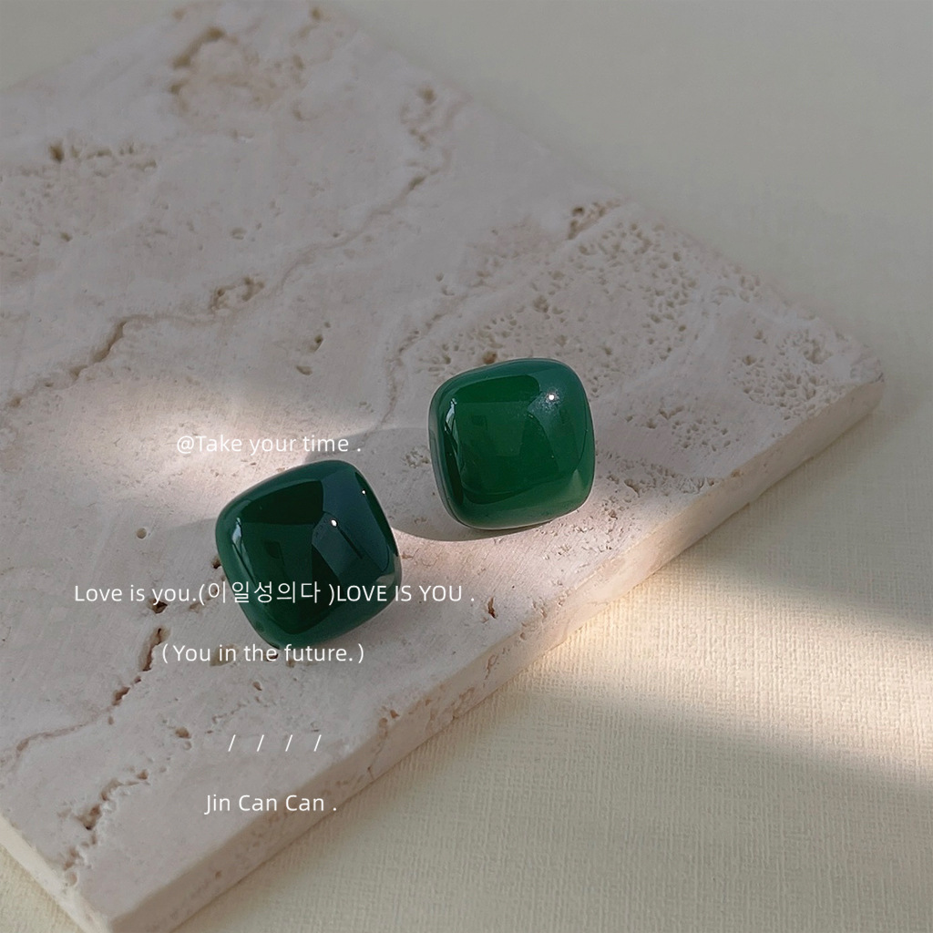 Fashion Color Scheme~Silver-Plated Square Dark Green Earrings, Elegant and Simple, Versatile and High-End Earrings, Factory-Made Earrings