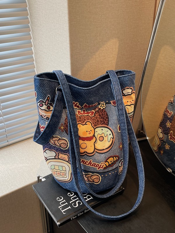 Simple Textive Artistic Bucket Bag Women's 2025 New Cute Cartoon Cloth Bag Casual Distinctive Shoulder Crossbody Bag