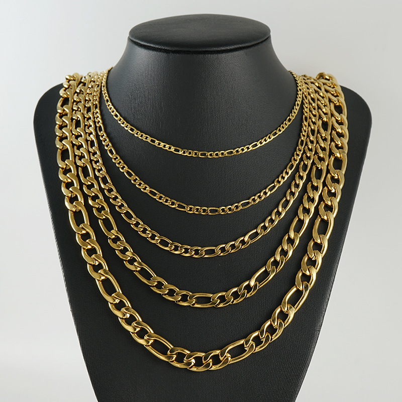 European and American stainless steel Figaro chain personality hip hop men's necklace gold titanium steel 3:1NK thick and thin chain wholesale
