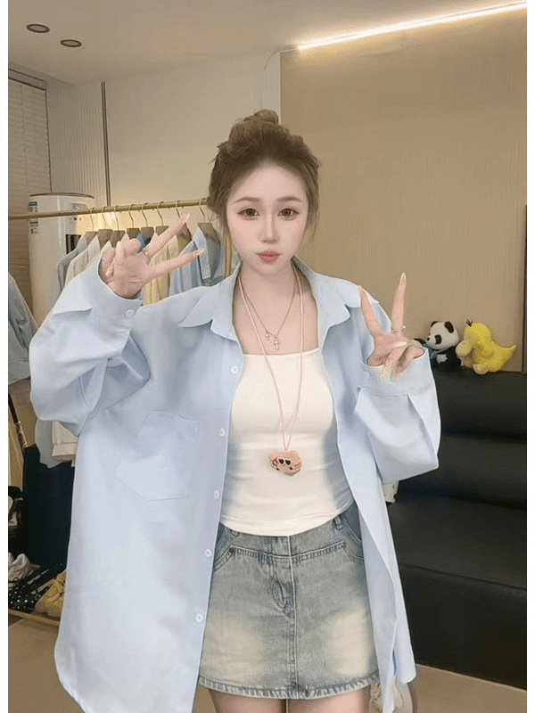 【Large Size】New Style Solid Color Shirt for Women, Casual Loose Long-Sleeve Mid-Length Sun-Protective Oversized Shirt