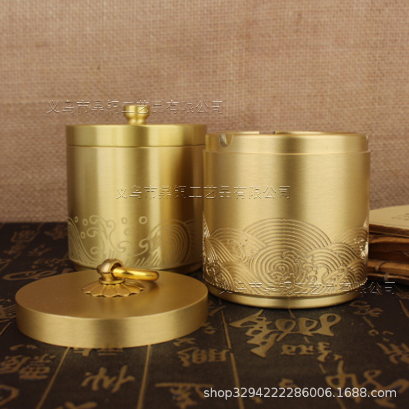 Pure Brass Car Ashtray Car Home Office Decoration Xiangyun Ashtray with Lid Chinese-style All-copper Decoration