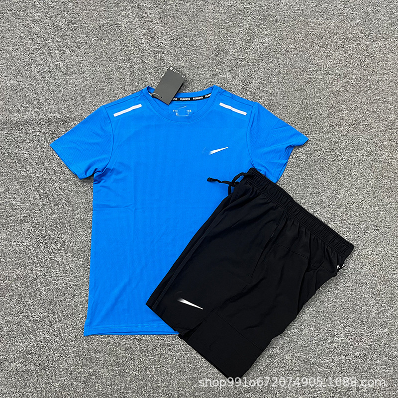 2025 Trendy Training Running Fitness Short-Sleeved Suit Sports Shorts Elastic Quick-Drying Breathable Breathable Foreign Trade Thin Men