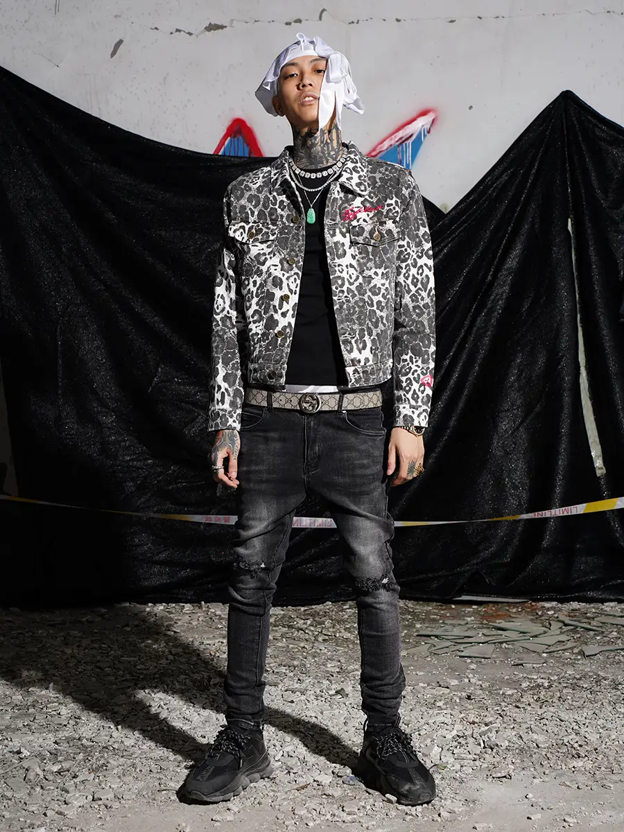 Tgfclub 223 American Street Hip-Hop Digital All-Over Leopard Print Logo Slim-Fit Workwear Denim Jacket