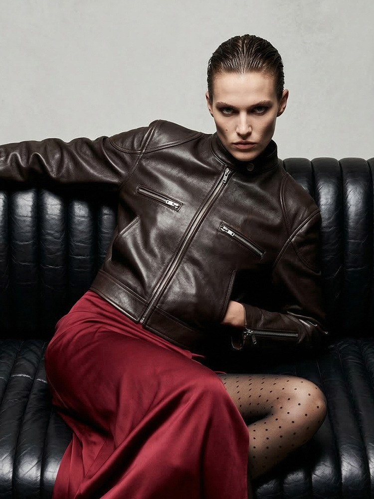 Genuine Leather Motorcycle Jacket with Stand-Up Collar, High-End Design, Short Style, Height-Enhancing, Hot Girl Style, Retro Jacket, Retro Leather Jacket for Women
