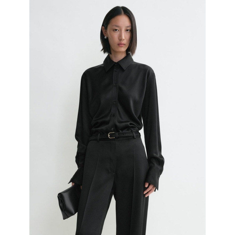 Longmei Satin Lazy Waist-Cinching Shirt for Women 2026 Early Spring New Tot Style Simple Casual Turn-Down Collar Long Sleeve Top
