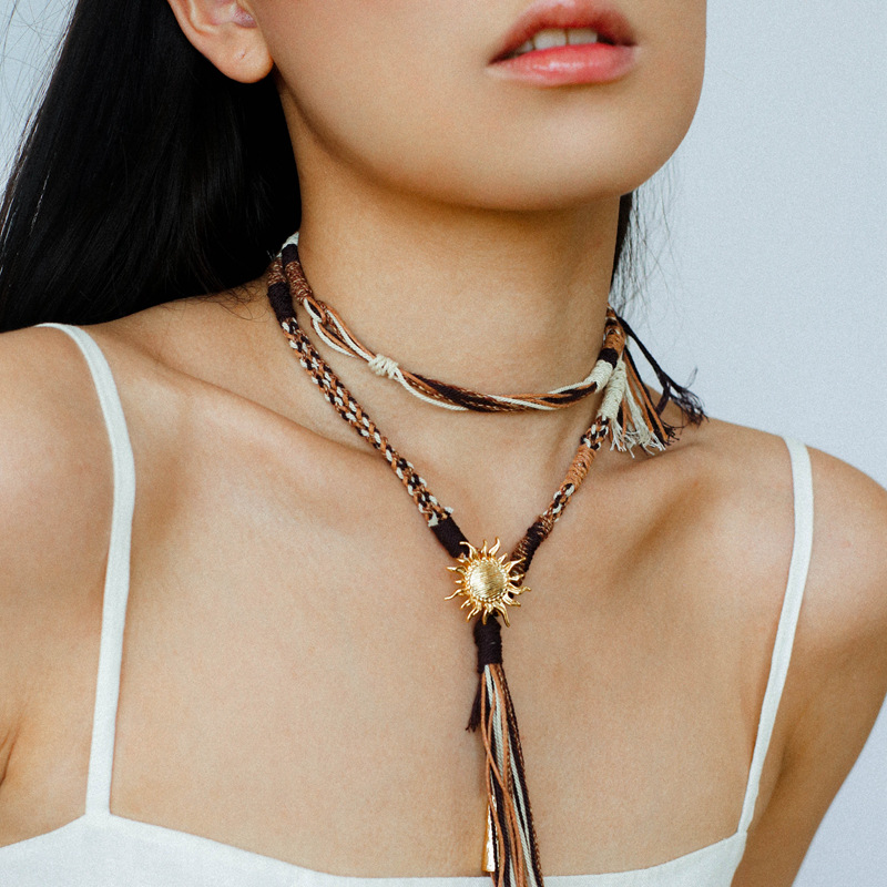 Vintage Ethnic Style Handmade Braided Rope Long Necklace for Women with Metal Sun Pendant, Tassel, and Multi-Wear Hemp Rope Waist Chain