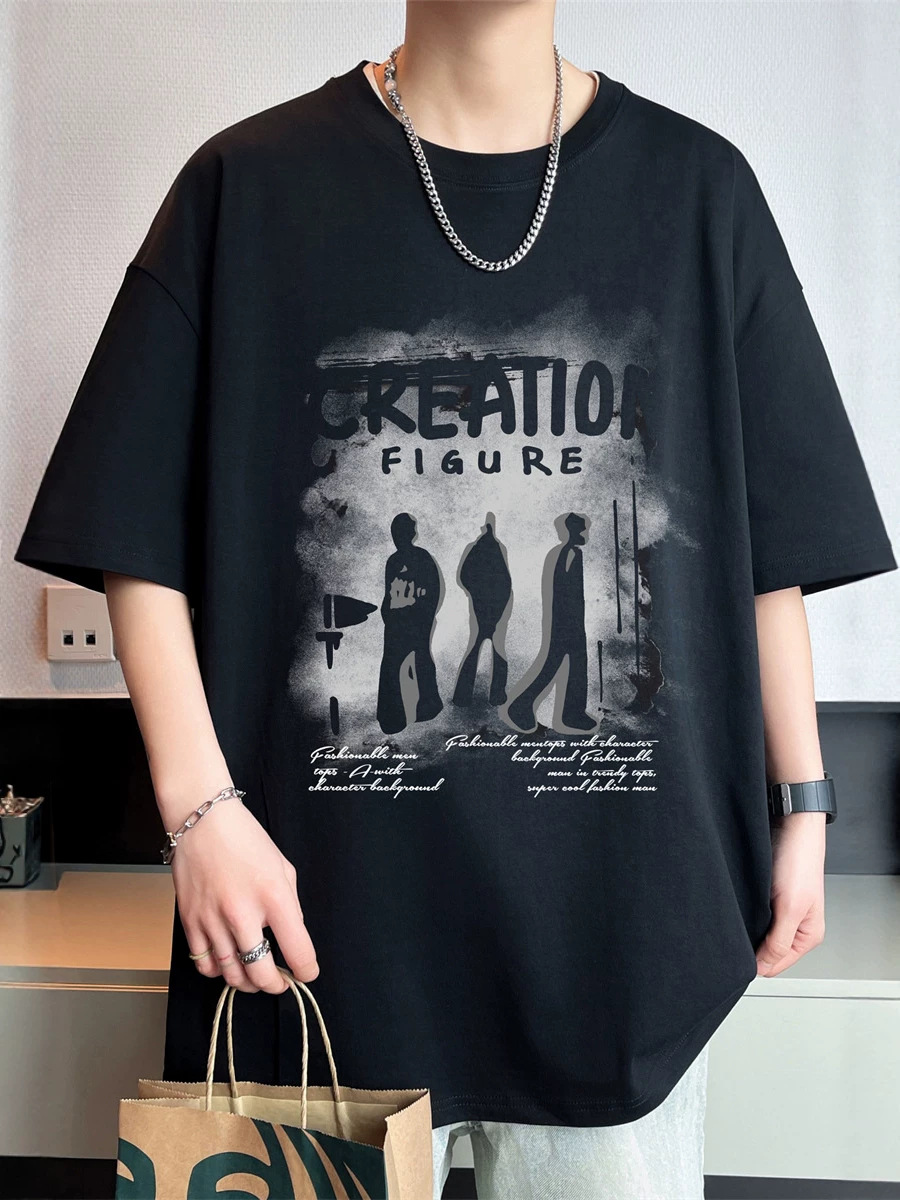 American-Style Pure Cotton Short-Sleeved T-Shirt for Men, Summer Trendy Brand Retro Printed Half-Sleeved T-Shirt for Teenagers and Students, Loose and Versatile T-Shirt
