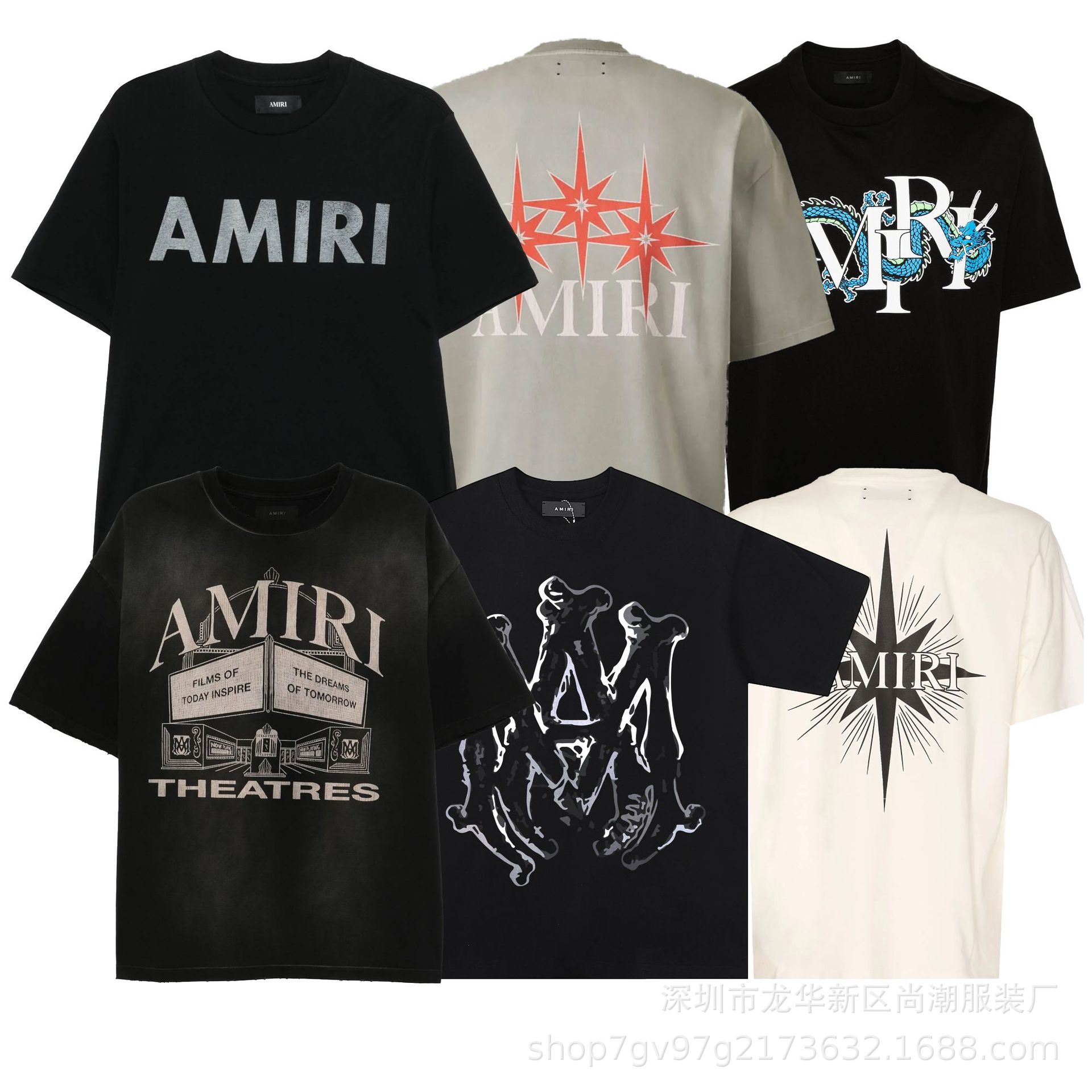 Cross-Border European and American Trendy Brand Amri Letter Slogan Poster Printed Washed Distressed Short-Sleeved T-Shirt for Men and Women High Street Half-Sleeved Foto QC de 1688 na Qualit.ly