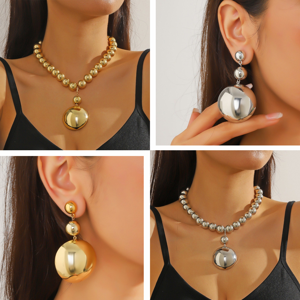 European and American Cross-Border Cyberpunk Style Clavicle Chain Metal Semi-Circular Pendant Necklace Exaggerated Beaded Choker Choker