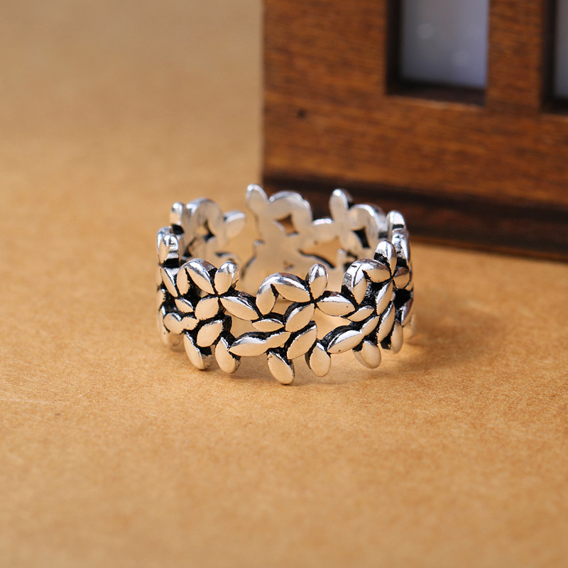 Simple Retro Old Small Secret Leaf Ring Women's Olive Leaf Opening Thai Silver Jewelry 0123 Ring Ring