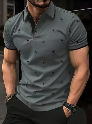 Cross-border Summer European and American Men's Lel Polo Flamingo Short-sleeved Fashion Personalized Printed Street Short-sleeved Top