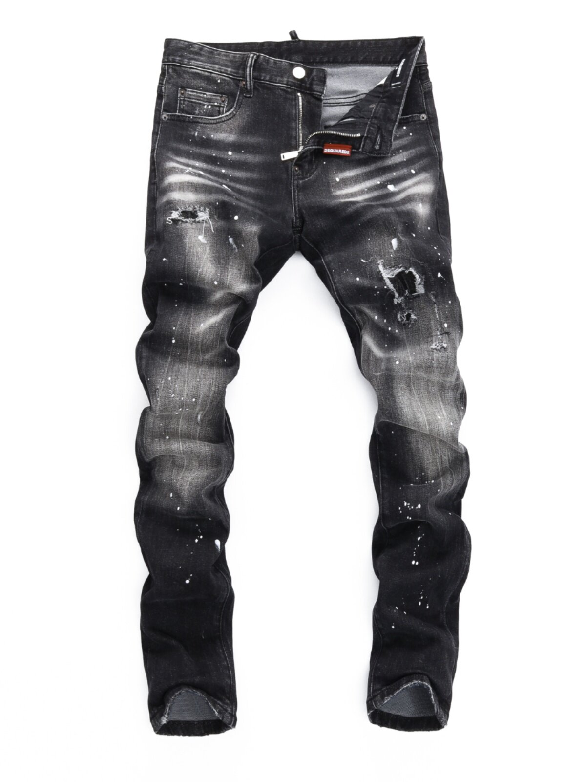 European Style New Men's Smoky Gray Washed Paint-Splattered Jeans with Ripped Patches, Stretchy Slim-Fit Skinny Pants