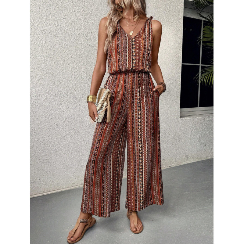 Real Shot of Foreign Trade 1688 Alibaba European and American Striped Printed Suspender Jumpsuit with Elastic Waist