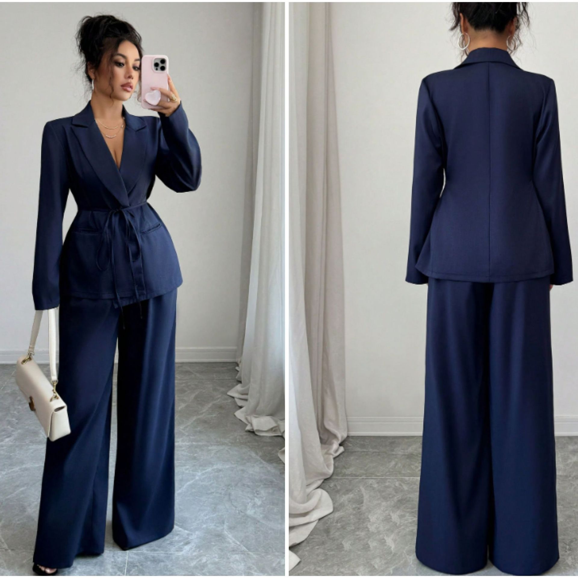 Dark Blue Women's Suit Set with Waist-Cinching Tie, Slimming Wide-Leg Pants Two-Piece Set, High-End Office Wear