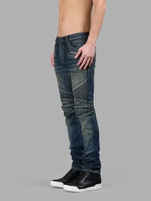 European and American Street Fashion Brand Versatile High-End Slim-Fit Knee-Pleated Punk Retro Vintage Biker Skinny Jeans for Men