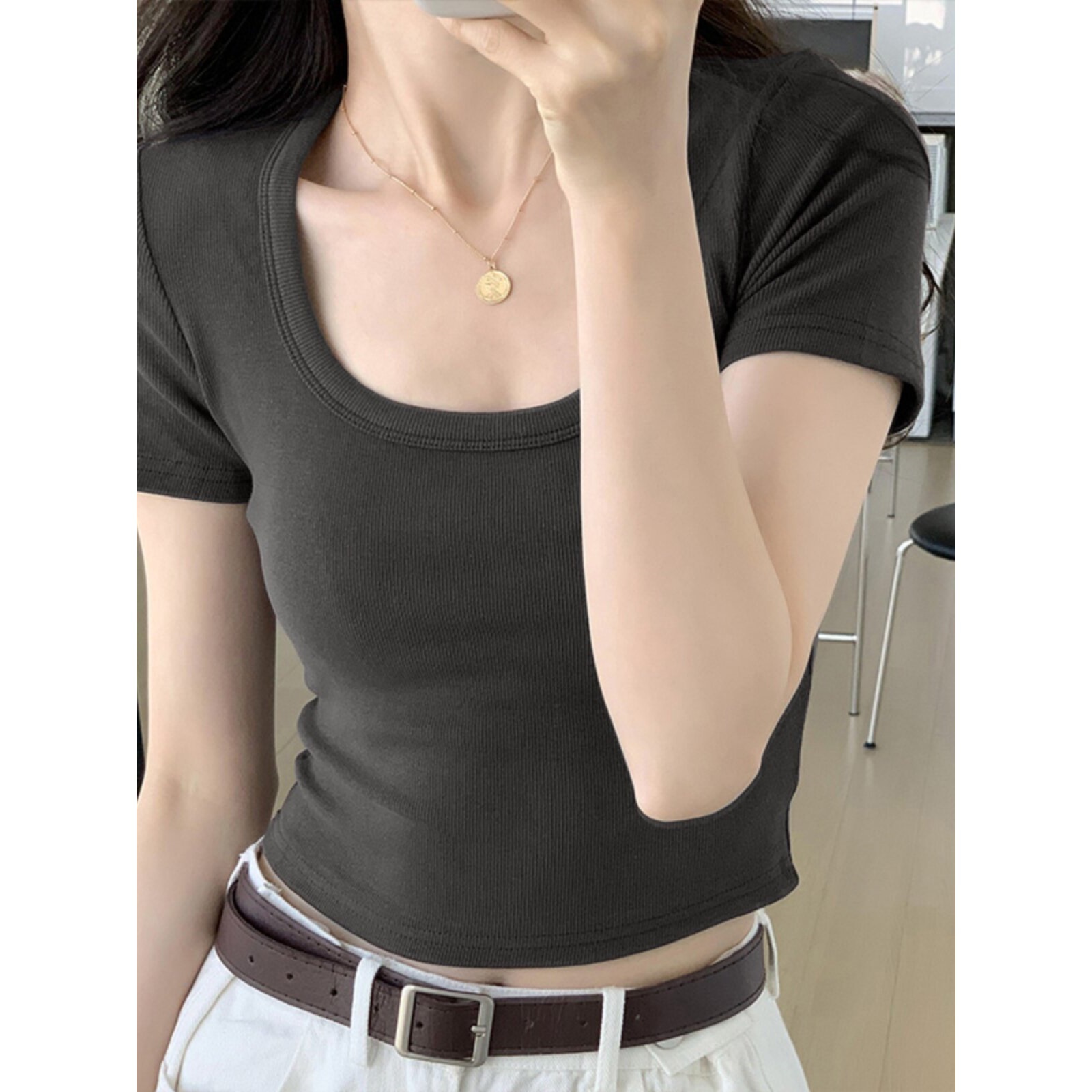 Square Neck Slim Fit Sexy Cropped U-Neck Short T-Shirt Summer Spicy Girl Inner Wear Top Women's Base Shirt Regular Shoulder Short Sleeve