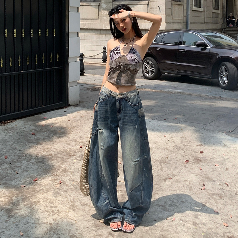 2026 Spring/Summer New Style Distressed Hot Girl Style Women's Wide-Leg Pants, Cargo Pants, Curved Hem Jeans, Women's Long Pants, Extra Long
