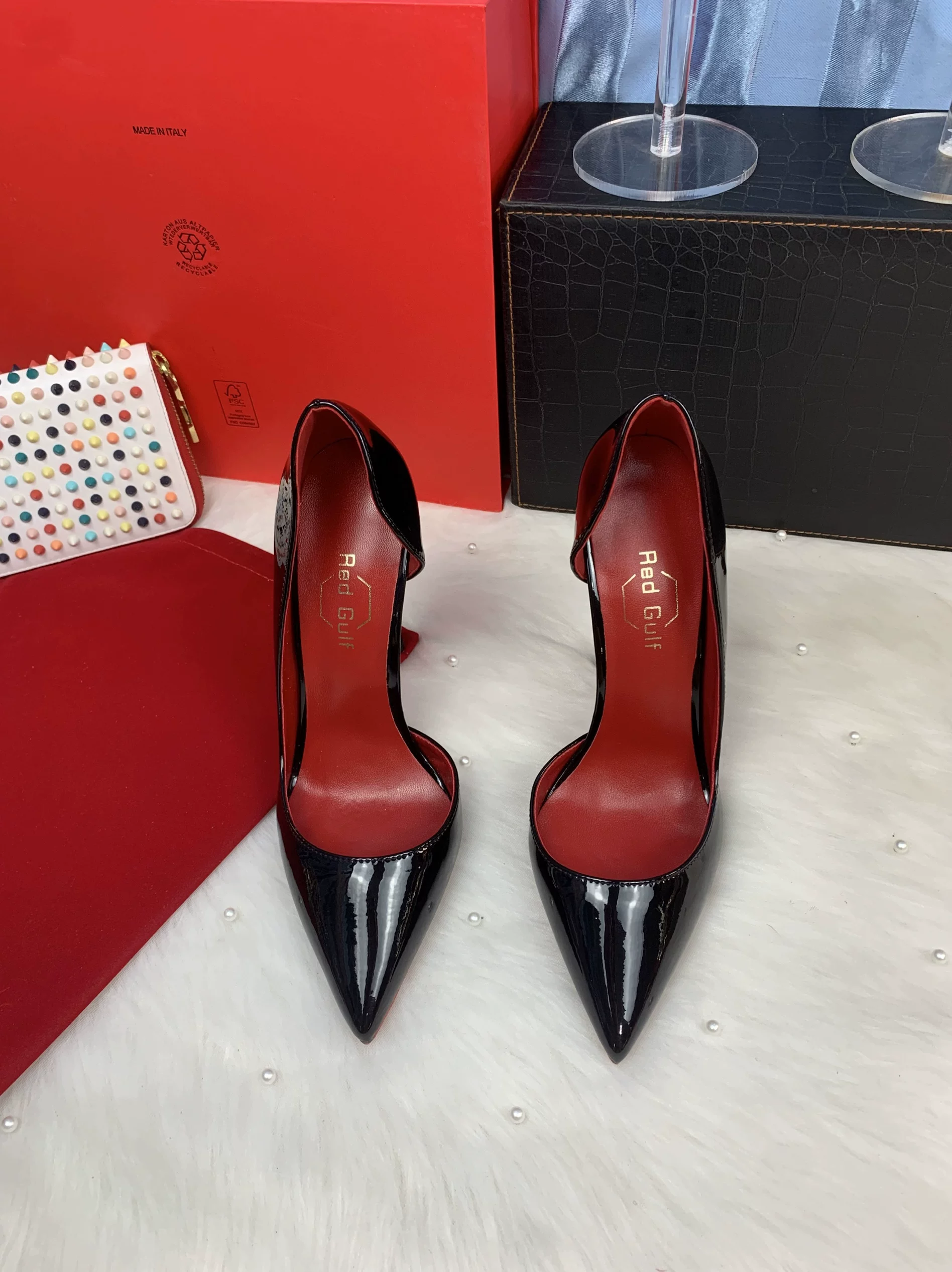 Patent Leather Side Cutout 10/12cm Black High Heels Ultra Shallow Stiletto Sexy Pointed Toe Large Size Red Sole Women's Shoes