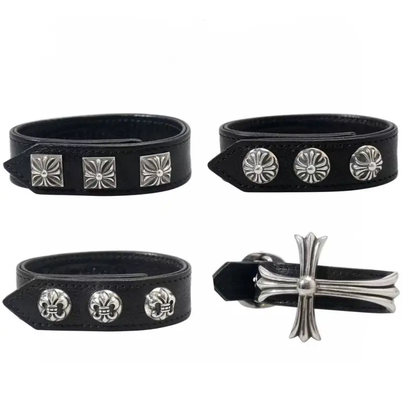 Oiran Silver 925 Sterling Silver Import First Layer Cowhide Cross Flower Large Cross Child Army Flower Genuine Leather Bracelet for Men