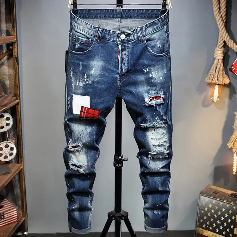 Fashion Trendy Spring & Fall Hole Patch Elastic Paint silm Denim Men Trendy Small Straight Export Long Pants