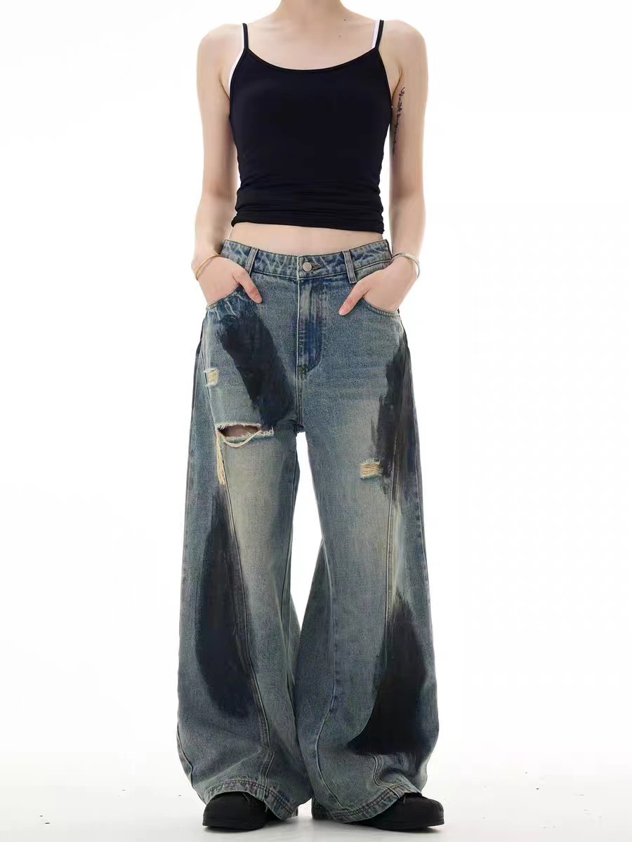 American-style High Street Vibe Splash Ink Ripped Jeans Men's Trendy Brand Ins Design Sense Deconstructed Loose Wide-leg Long Pants