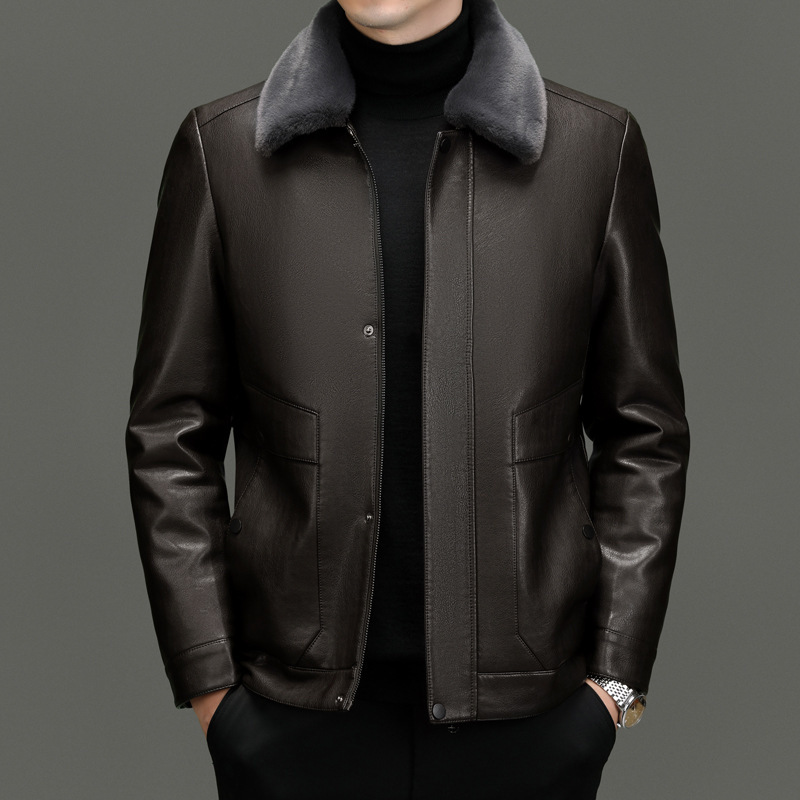 Leather Men's Winter New Middle-aged Men's Coat fleece-lined Thickened Leather Dad Casual Lapel Leather Jacket