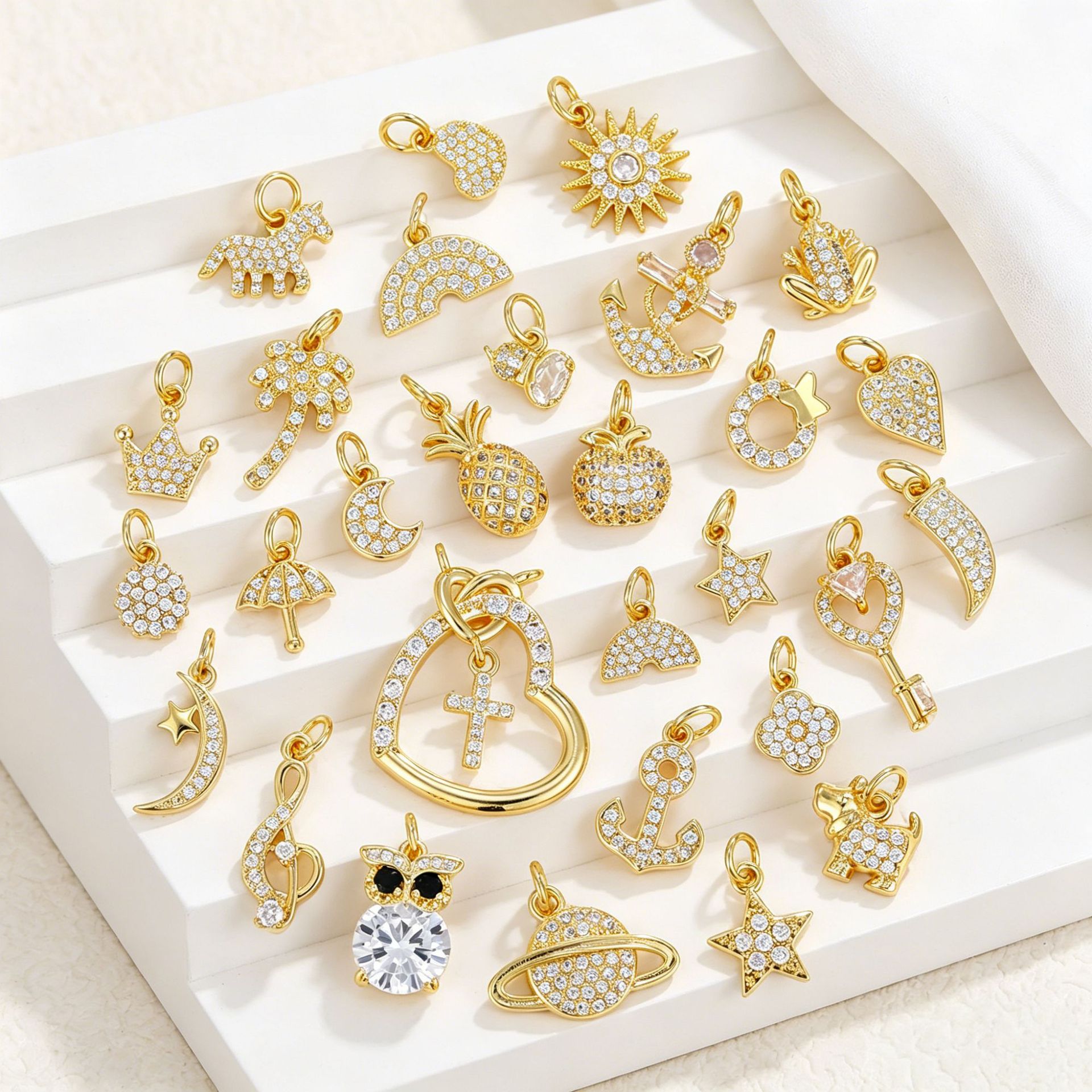 Xiaoxin Trendy Jewelry 18K Real Gold Micro-Inlaid Zircon Pendant Star Moon Snowflake DIY Necklace Bracelet Charm