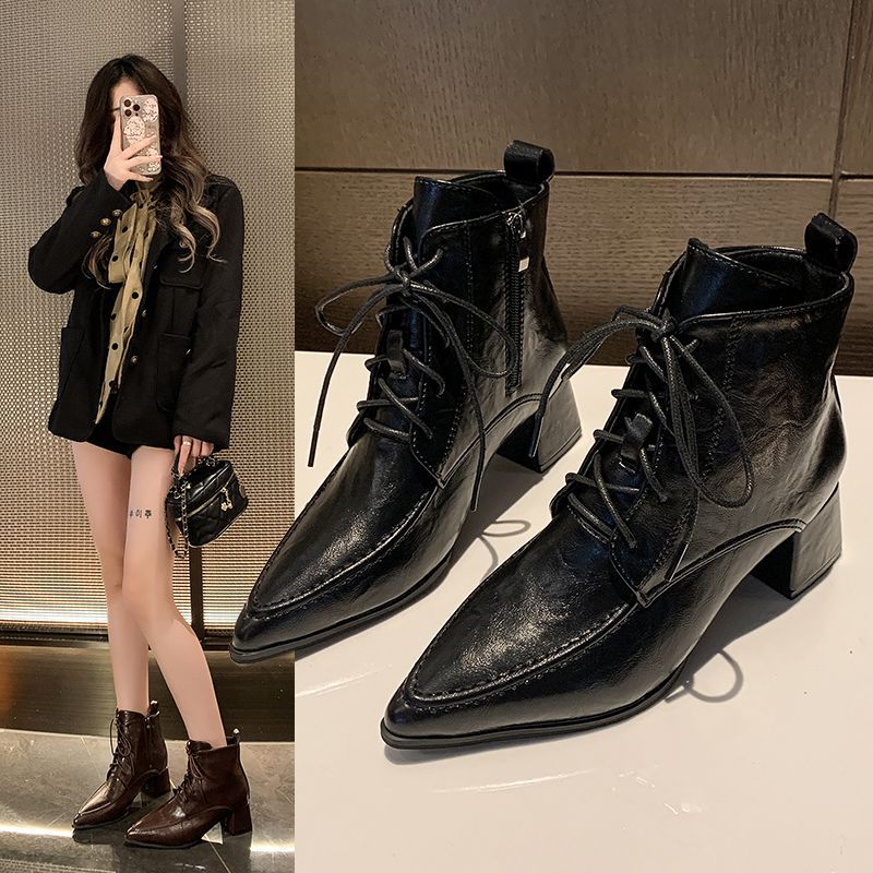 Northern Wolf British Style Chunky Heel Short Boots for Women 2026 Autumn/Winter Fleece-Lined Warm Ankle Boots Retro Pointed Toe Lace-Up Boots