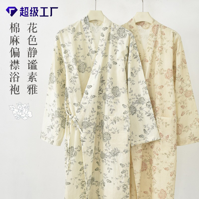 Japanese-Style Nightgown for Women, Summer Pure Cotton Gauze Side-Button Sleepwear, Spring and Autumn Bathrobe, Home Wear, Cotton-Linen Hanfu Bathrobe