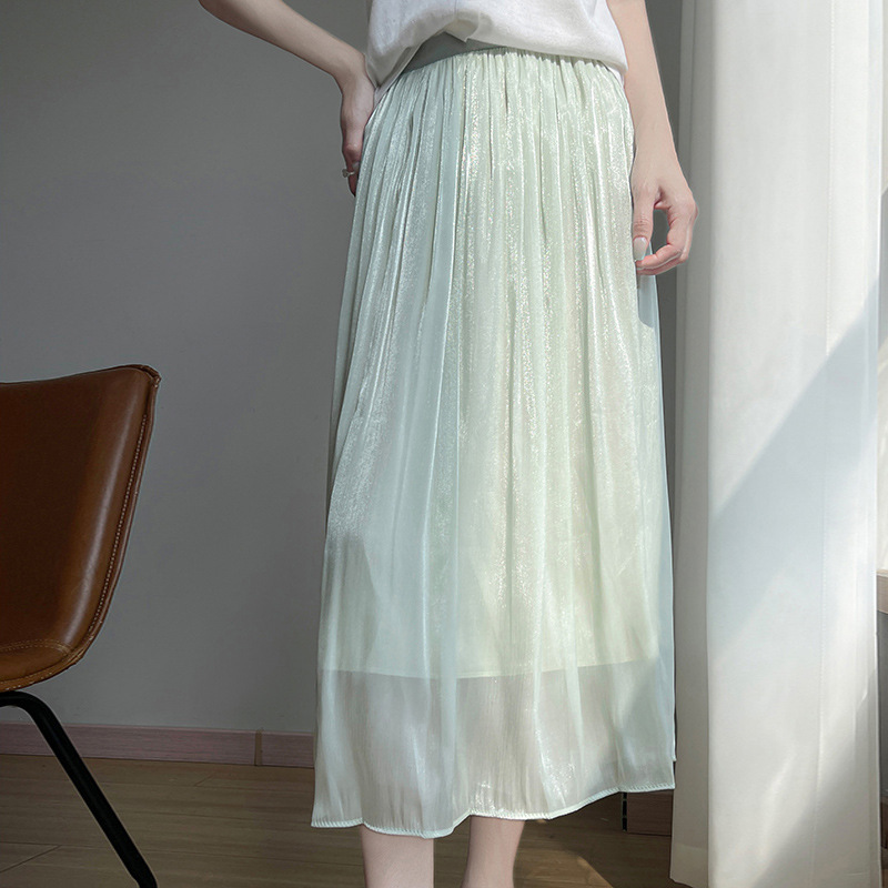 2025 New Summer Style Flowing Gauze Skirt Chiffon Mid-Length Elegant Commuter Pleated Design High-End Slimming Look Skirt