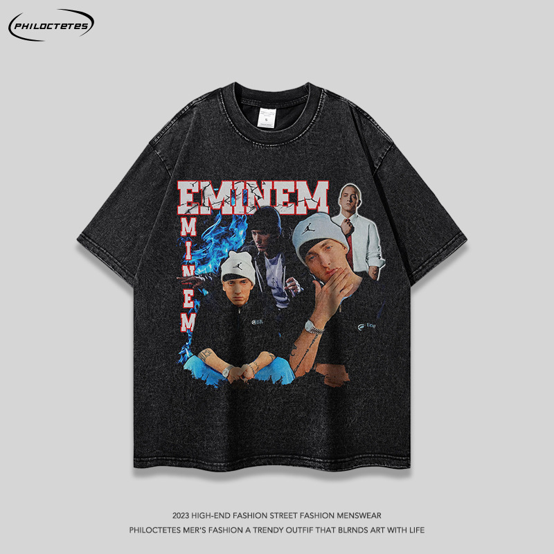 European and American high street hiphop rap portrait print distressed short-sleeved T-shirt men's and women's retro hip hop round neck top tee
