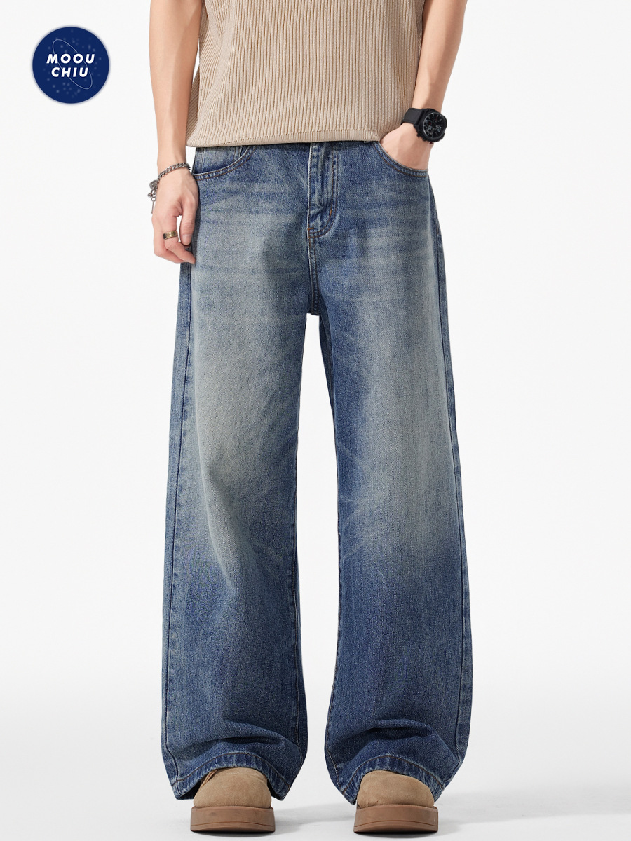 Muqiu Men's Wear | American Retro Multi-Scratch Washed Distressed Jeans Men's Loose Straight Wide-Leg Long Pants