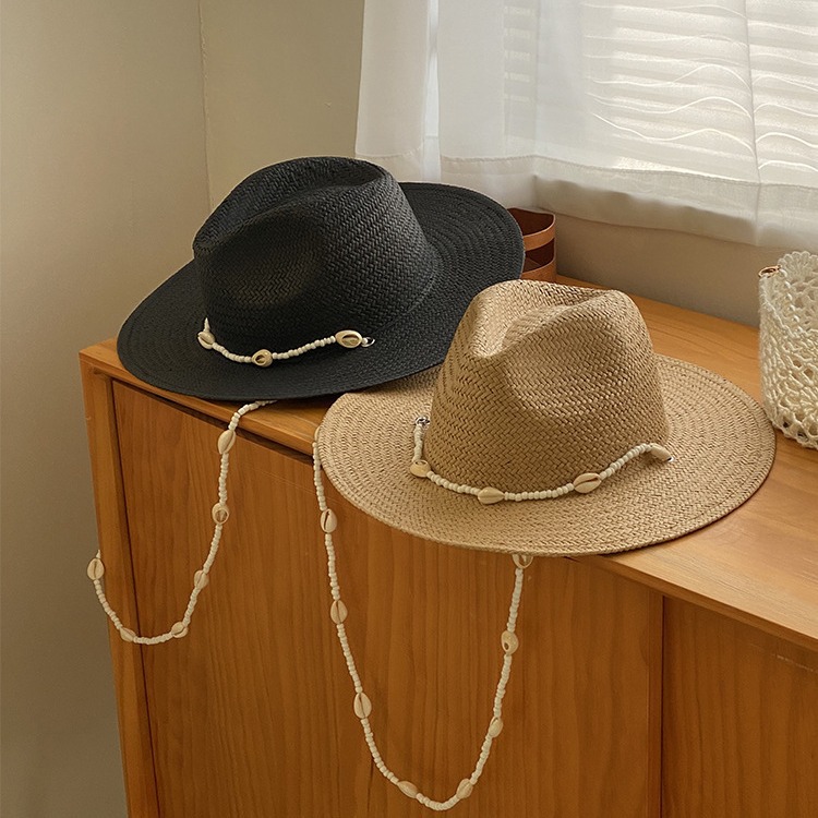 Shell Hanging Chain White Straw Jazz Hat Fashionable British Seaside Vacation Beach Straw Hat Panama Hat Trendy