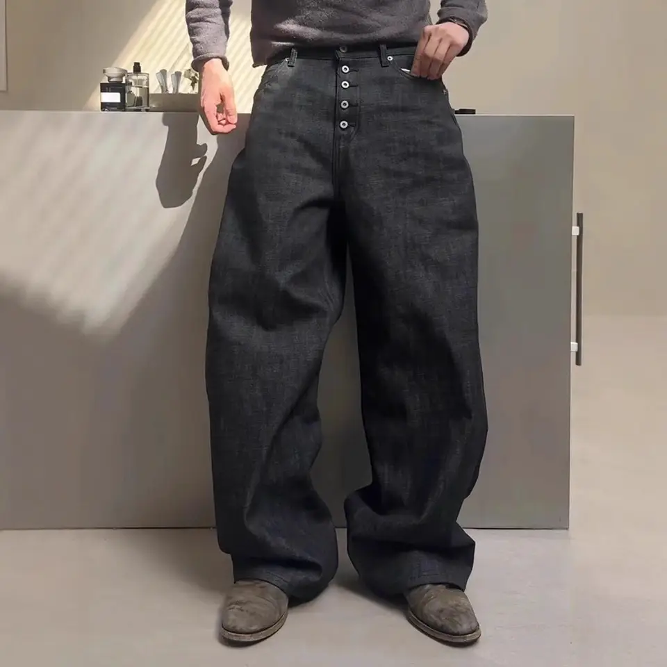 European and American Cross-Border American Retro Fashion High Street Trendy Button Personalized Solid Color Jeans Casual Versatile Wide-Leg Pants