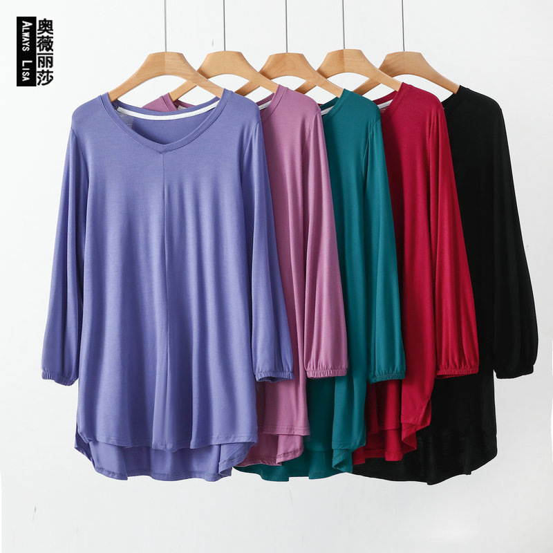 Summer Thin Modal Nine-sleeve T-shirt Women's V-neck Extra Large Size Top Loose Casual Air Conditioning Base Shirt
