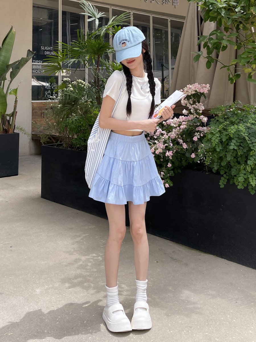 Blue High-Waisted Skirt for Women A-Line Anti-Exposure Spring and Summer Preppy Style Simple Pleated Casual Cake Short Skirt