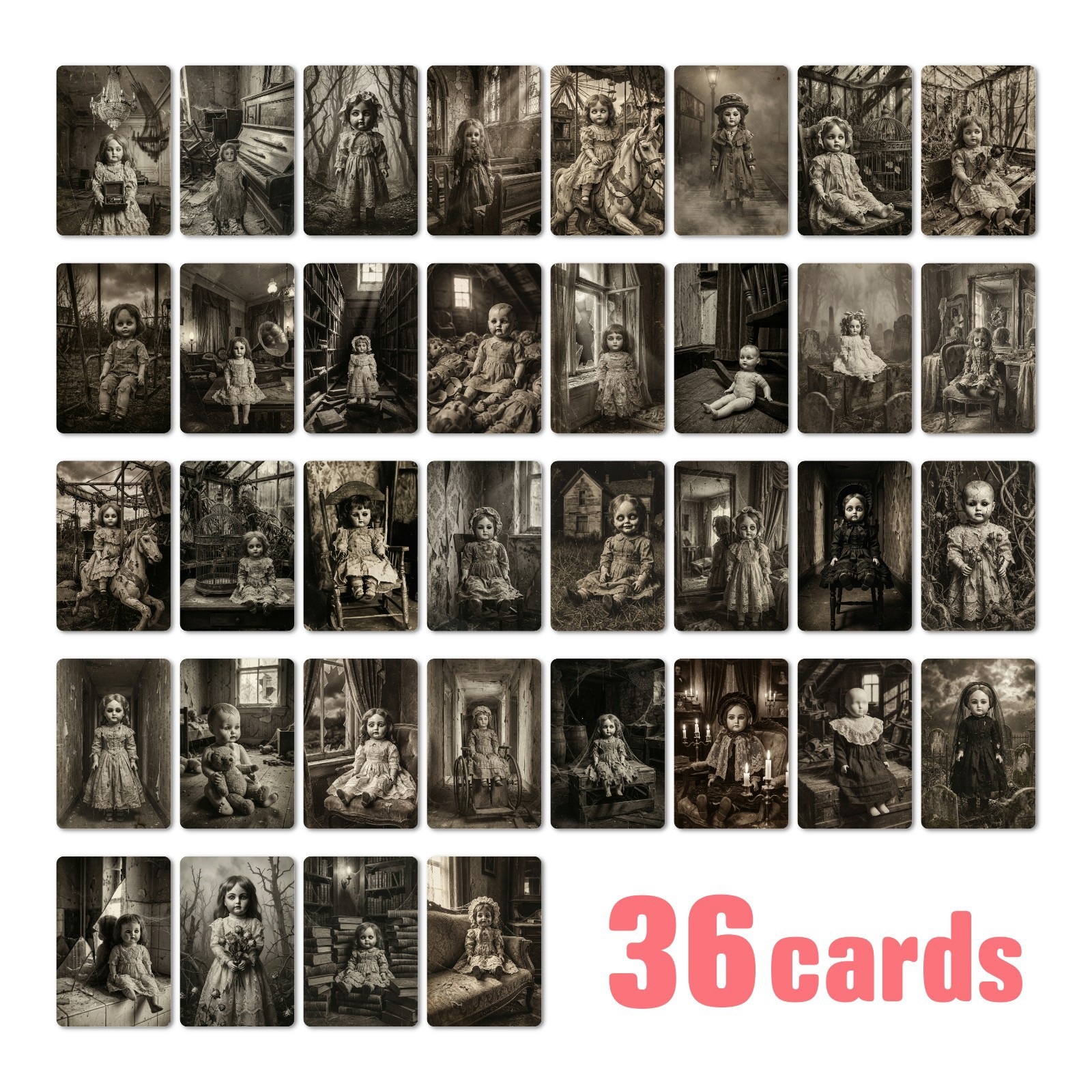 New Set of 36 Gothic Dark Doll Illustration Cards with Vintage Distressed Look for Amazon Cross-Border Journaling and Collage Cards