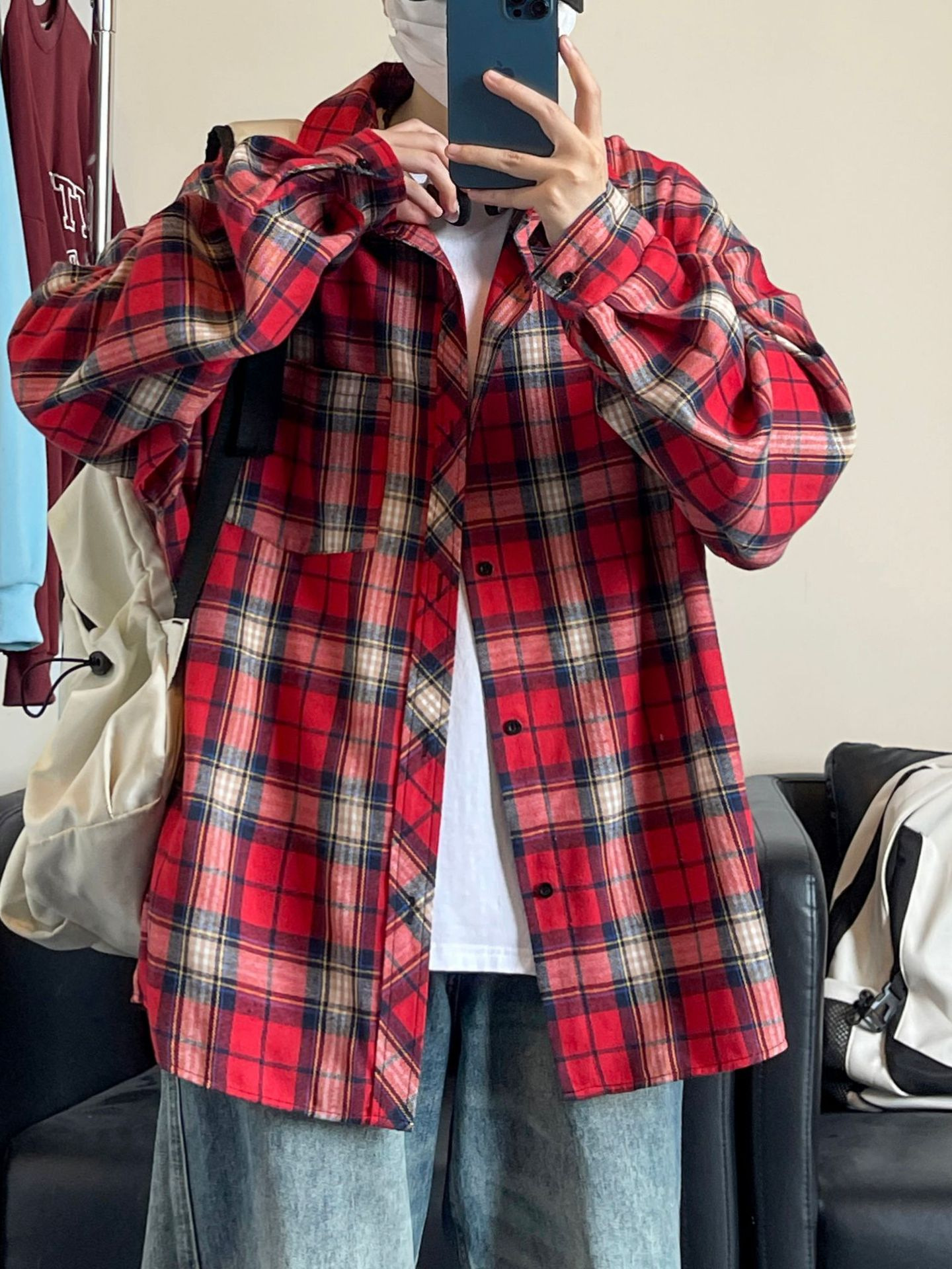 Jianheng American Retro Plaid Shirt Men's High-end Long-sleeved Shirt All-match Fashionable Wide Shirt Plaid Shirt Jacket